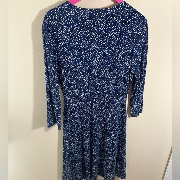 Garnet Hill Dress Navy Blue White Print Faux Wrap 3/4 Sleeve Jersey Knit Size L - Picture 2 of 6